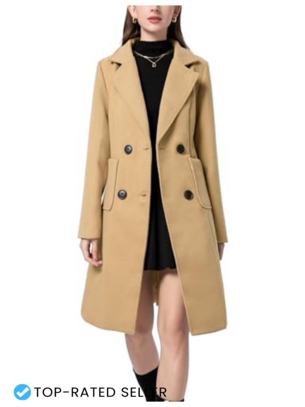 Wool Blend Double Breasted Notch Collar Pea Coat Mid Long Winter Trench